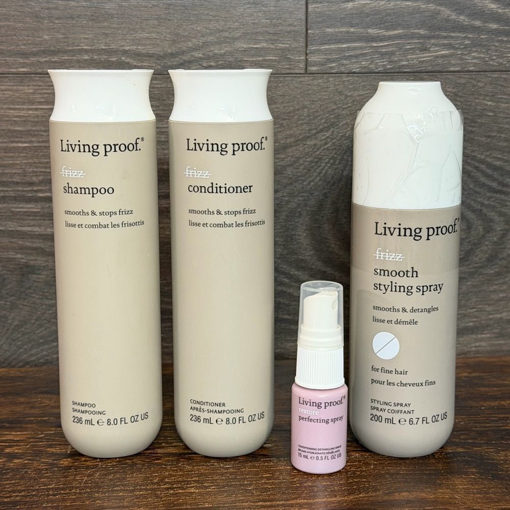Living Proof No Frizz Shampoo Conditioner Smooth Spray Bundle + Mini, New.